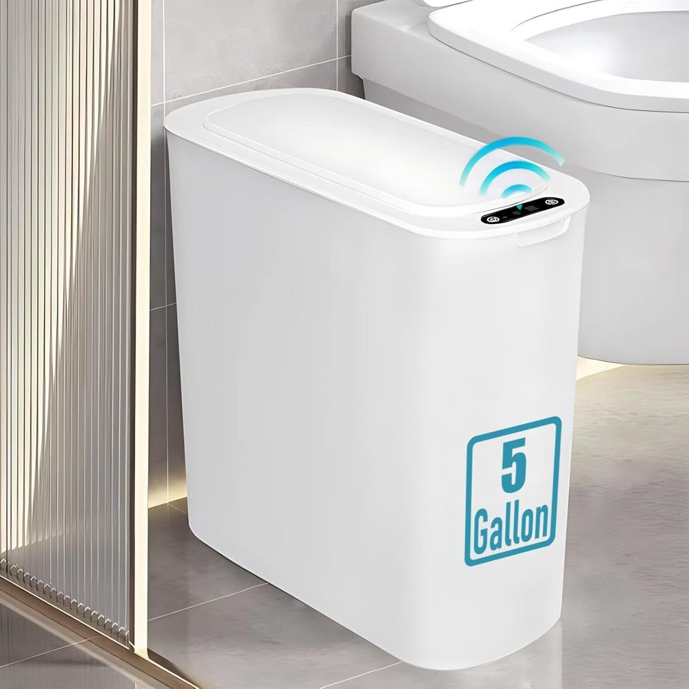 5 Gallon Motion Senor Bathroom Trash Can with Lid, Automatic Garbage White