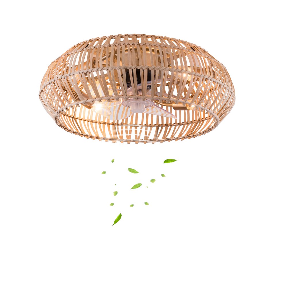 Rattan Flush Mount Ceiling Fan with Light Remote for Living Room