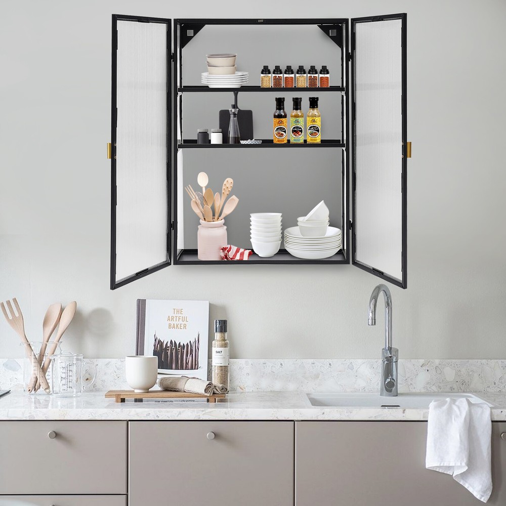 Retro Black Wall-Mounted Metal Storage Cabinet with Removable Shelves