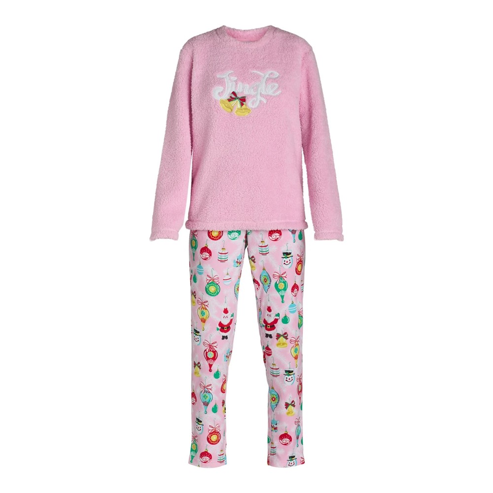 Holiday Time Womens Pink Plush Pajama Set with Ornaments