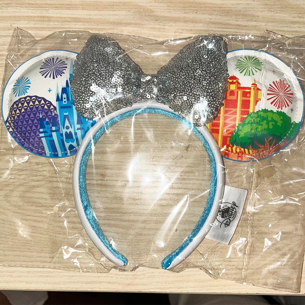 Disney- Parks Four Parks Icons Silver Sequin Bow Minnie Ears Disneyland Headband