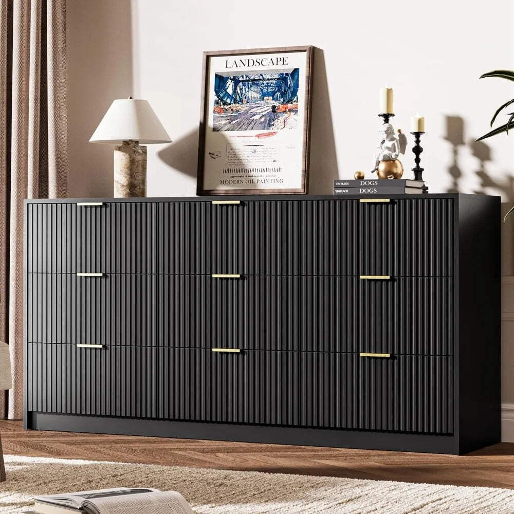 Modern 9-Drawer Black Dresser for Bedroom or Living Room Storage