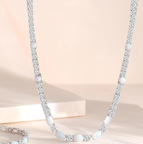 8Ct Oval Cut 18 Simulated Fire Opal Womens Tennis Necklace 14K White Gold Plated