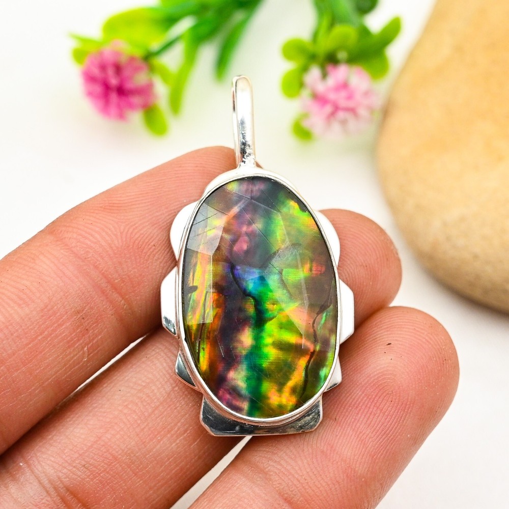 Handmade 925 Sterling Silver Ammonite Gemstone Pendant Jewelry Gift