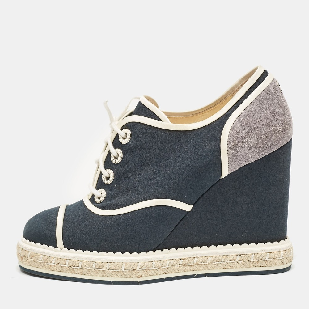 Chanel Blue Grey Suede Wedge Sneakers Size 37