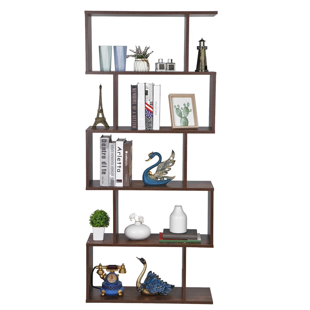 5-Tier S-Shaped Wood Bookshelf Freestanding Bookcase Room Divider Display Shelf