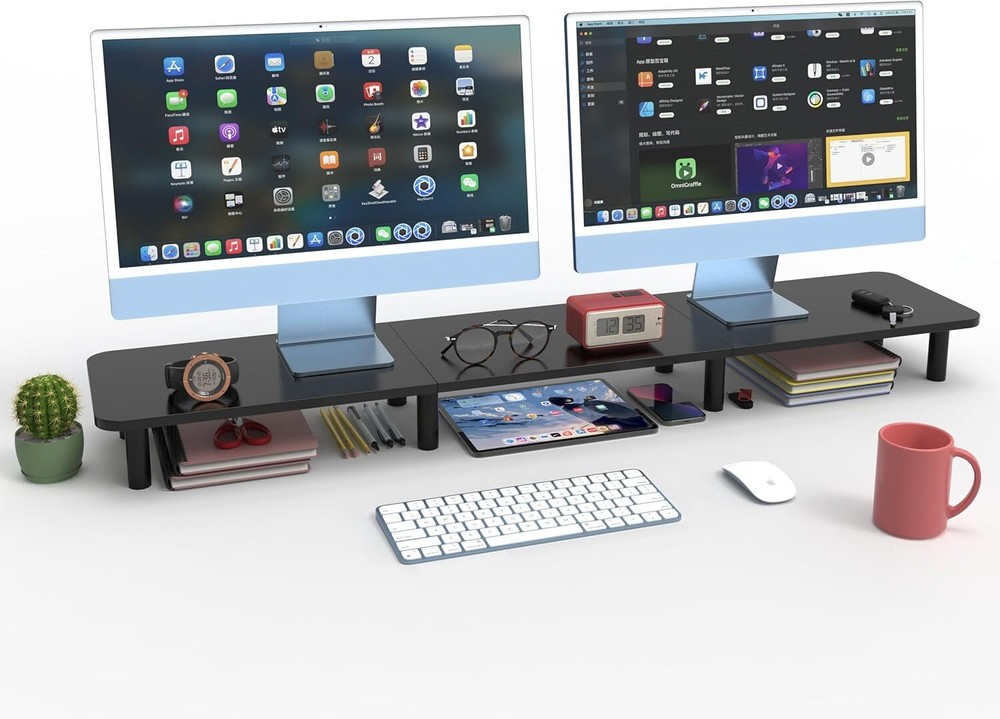 Large Wood & Steel TV Stand for Dual Monitors - 43.7-Inch Wide Riser