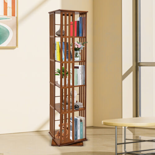 Bamboo 5-Tier Rotating Bookshelf for Magazines and Display Storage