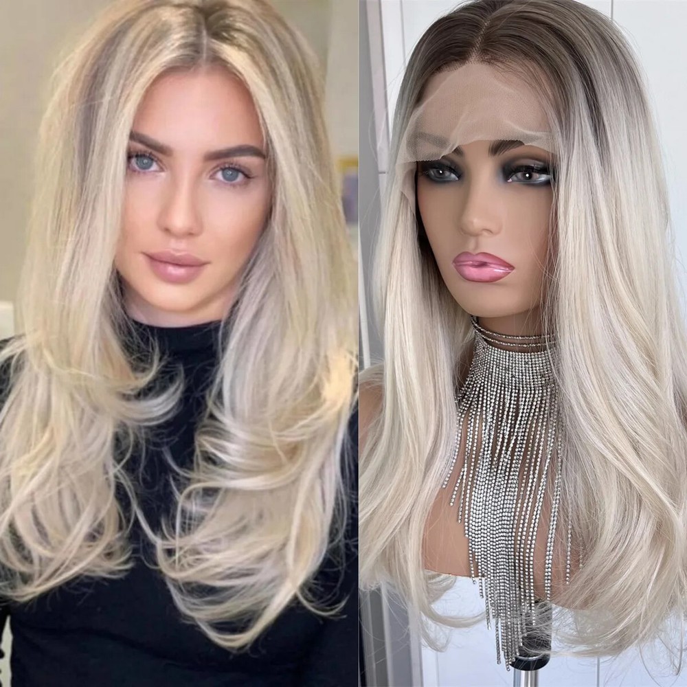 Ombre Blonde 13x4 Lace Front Wig with Brown Roots Preplucked Human Like Synthetic Hair