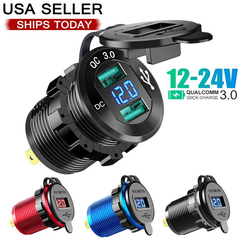 Dual QC3.0 USB Fast Charger Socket Power Outlet Adapter for Car Motorcycle Boat