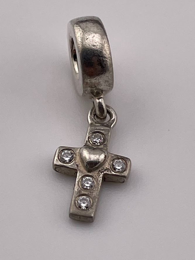 RETIRED PANDORA ALE 925 STERLING SILVER CZ HEART DANGLE CROSS CHARM FAITH 4102