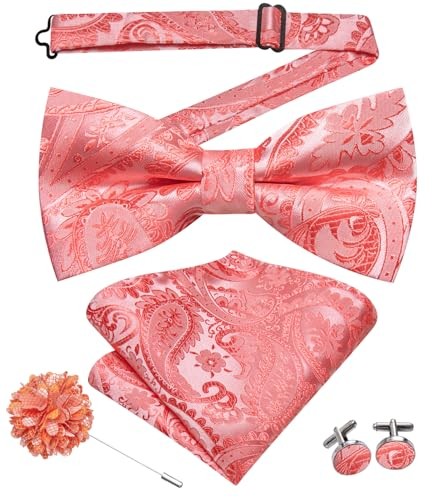Men's Pre-Tied Bow Tie Set with Coral Pink Paisley Pocket Square & Lapel Pin