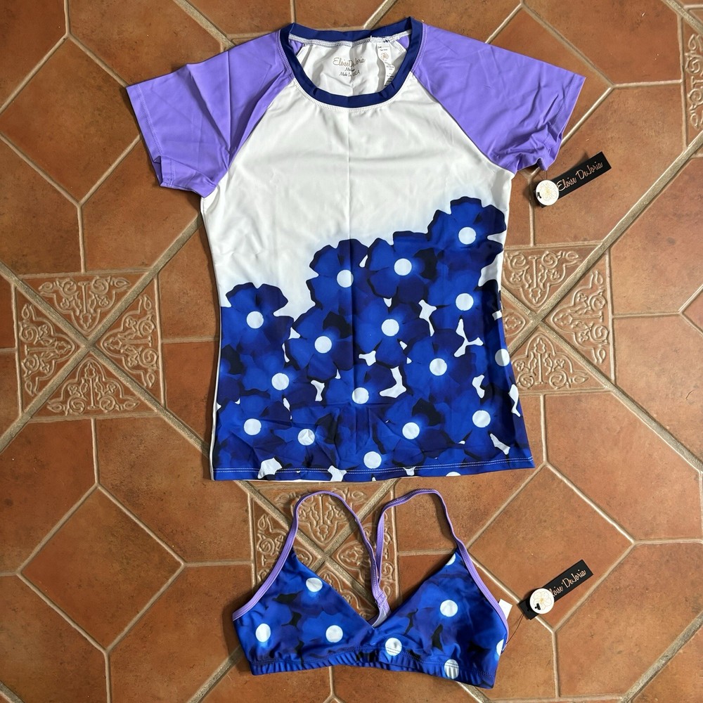 Eloise DeJoria White Purple Floral Sports Bra and Workout Top Set Women Size M