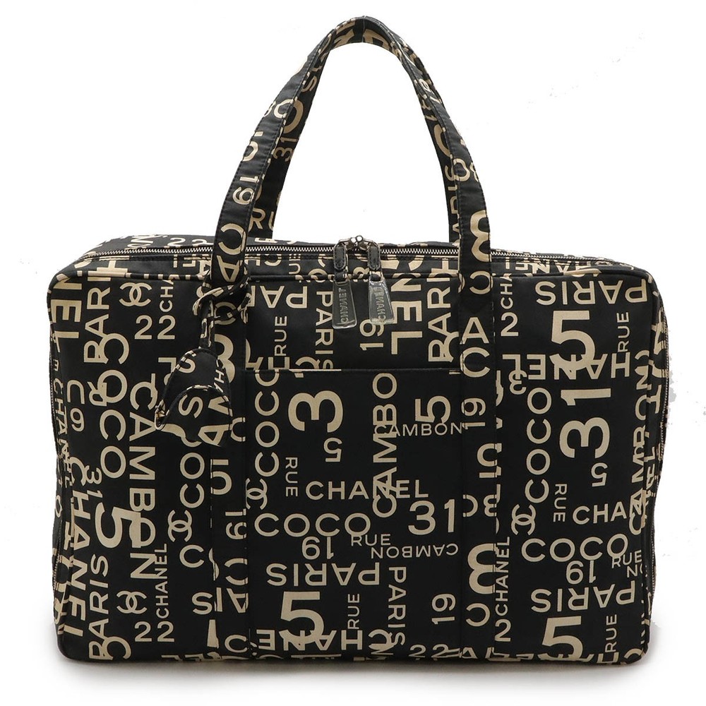 Chanel Boston Bag Canvas Black Ivory Travel Tote Used