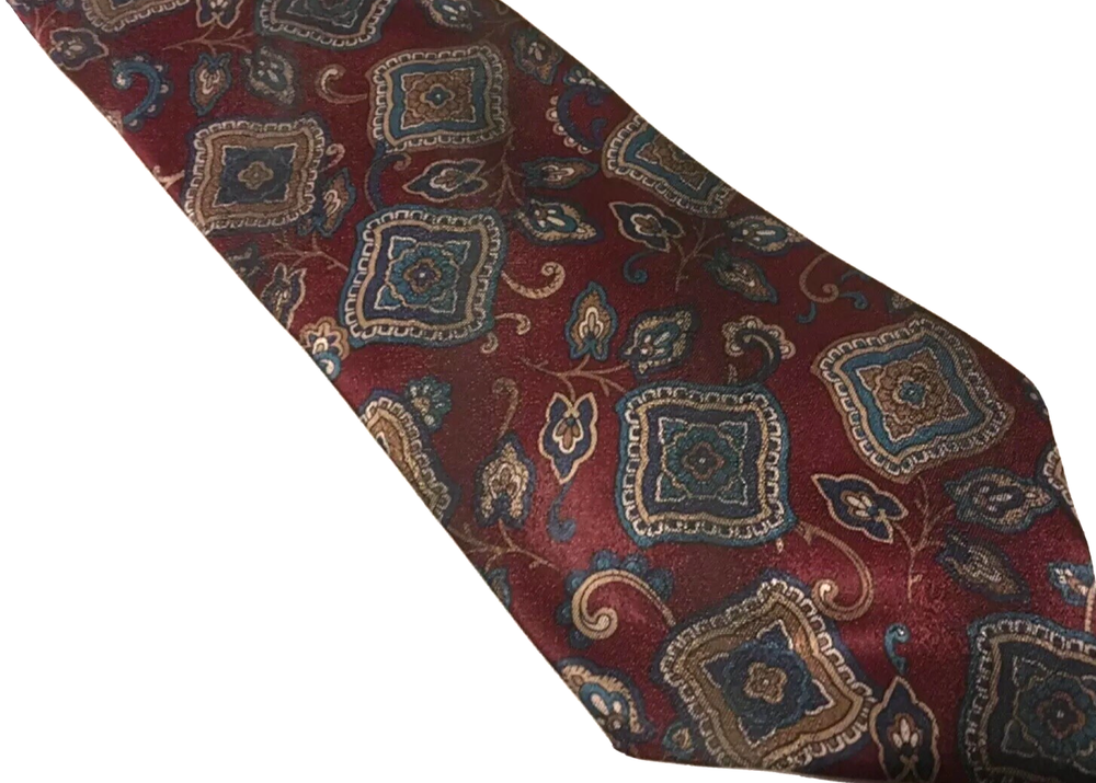 Mario Valentino Silk Tie Floral Geometric Necktie Burgundy Multi-Color Made USA