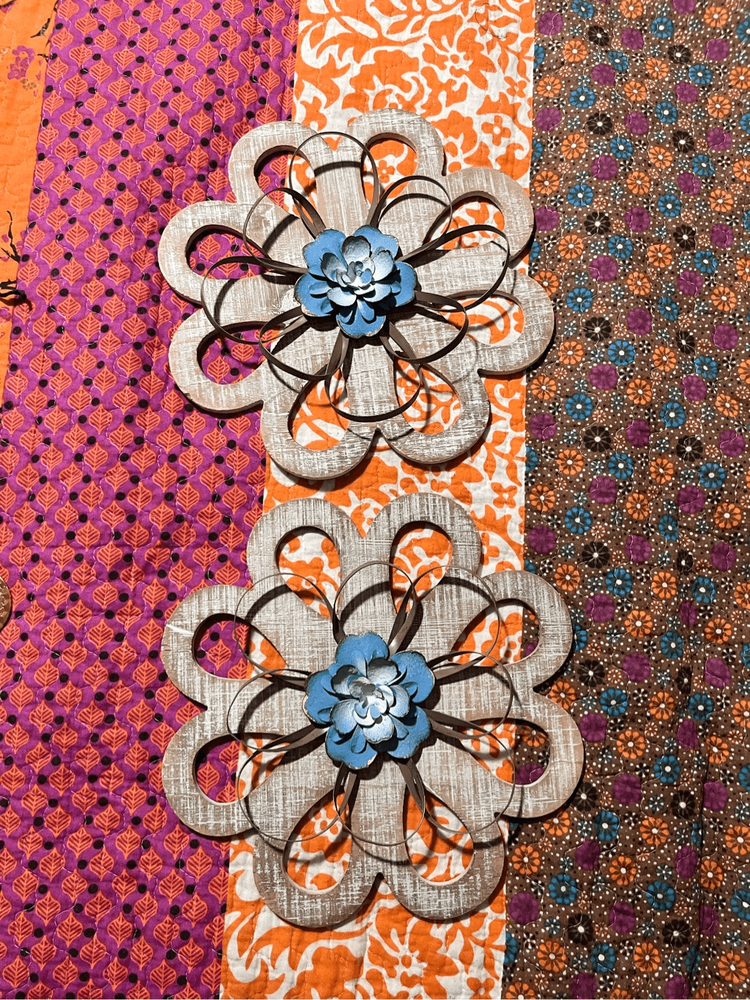 Weathered flowers. Blue, metal, wood. 2 of them.