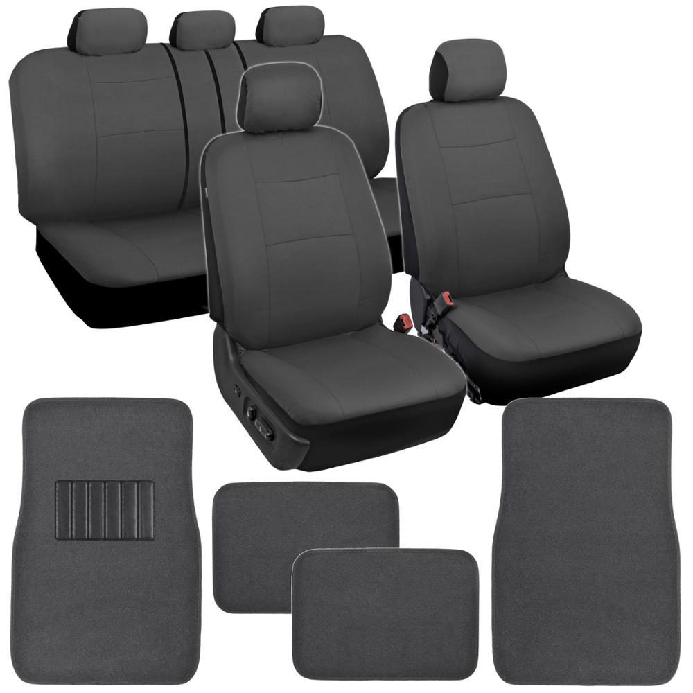 Car Seat Covers Set All Gray w/ Carpet Padded Floor Mats Auto Interior Gray