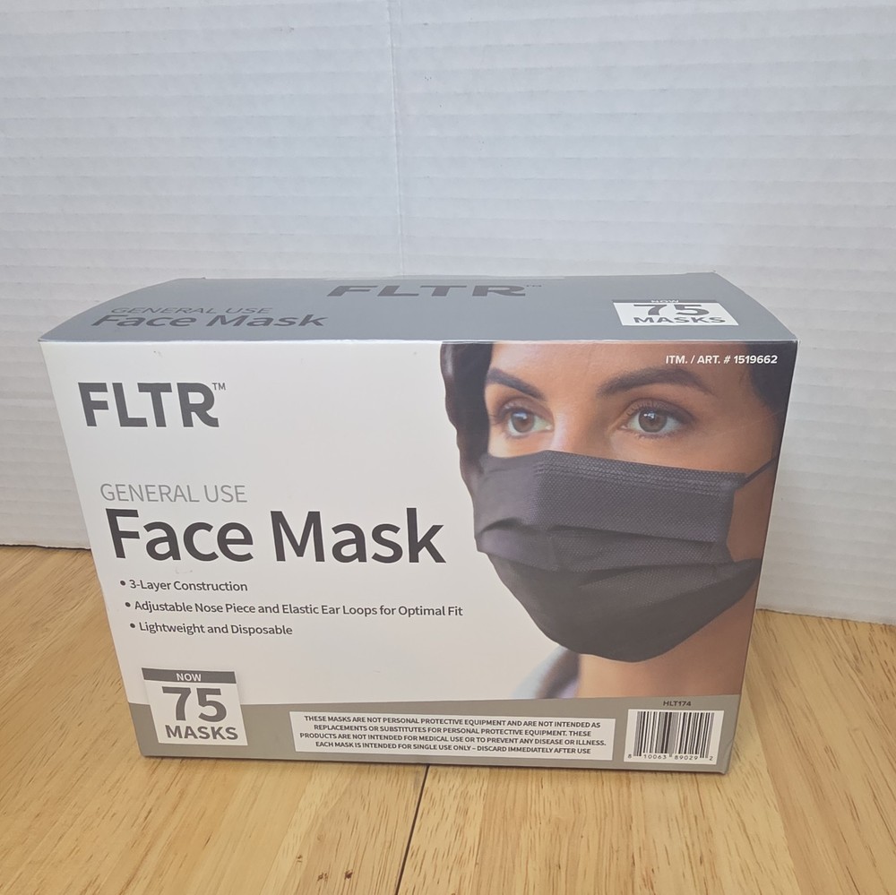 FLTR General Use Face Mask 3-Ply Face Mask 75 PCs Black #RB-3