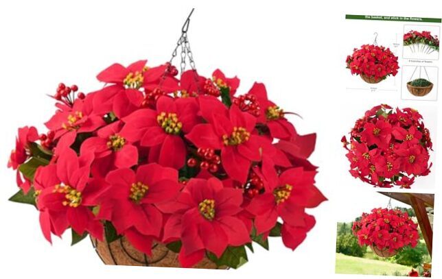 Poinsettia Artificial Fake Christmas Hanging Flowers Plants Basket for Red-m