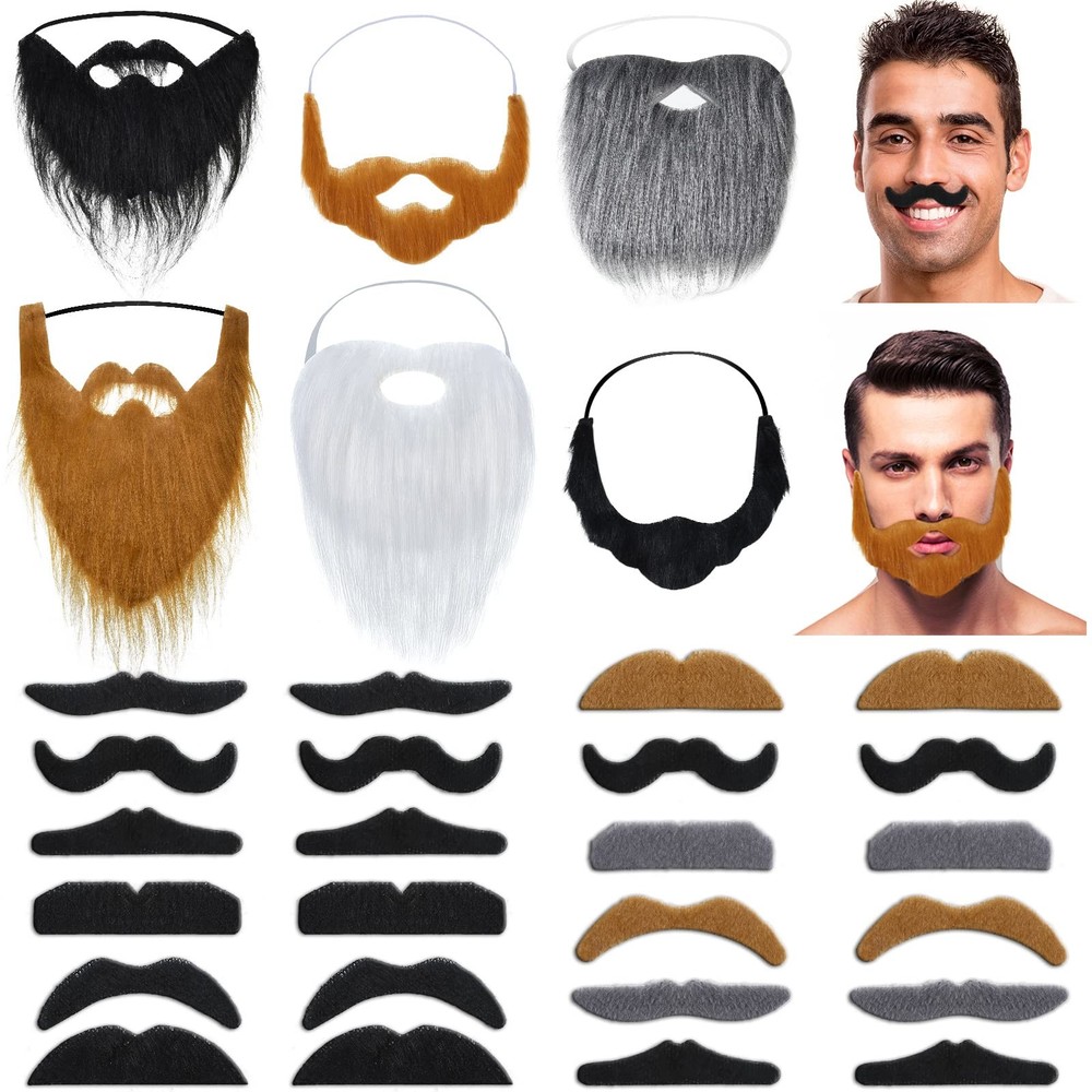 30 Self-Adhesive Halloween Mustaches & Fake Beards Costume Set