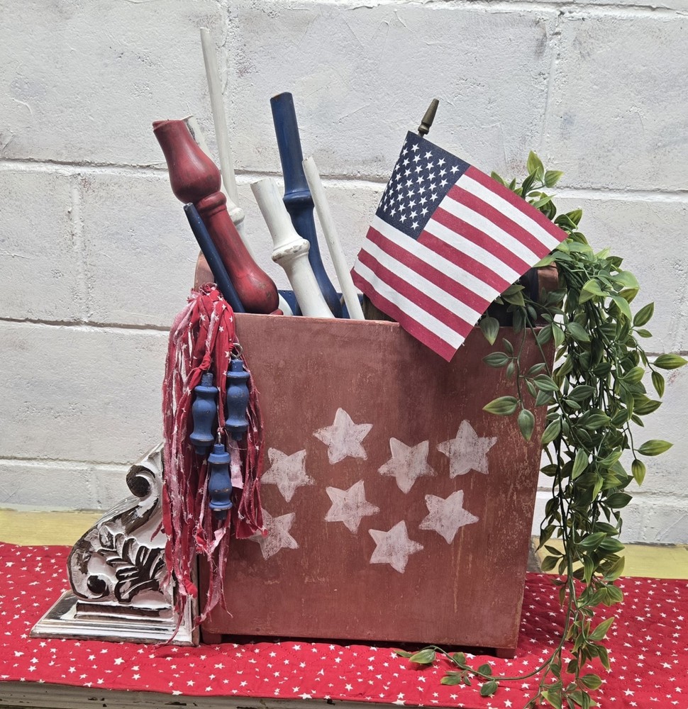 Patriotic Wood Americana 4th of July Storage Tote with Rustic Tassels