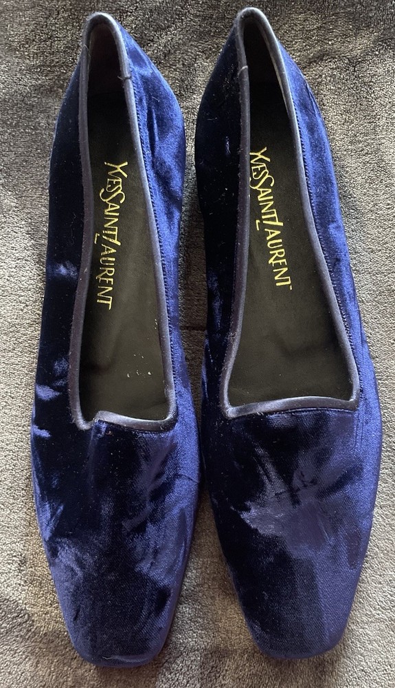 Yves Saint Laurent Blue Velvet Women's Slip On Square Toe Flats