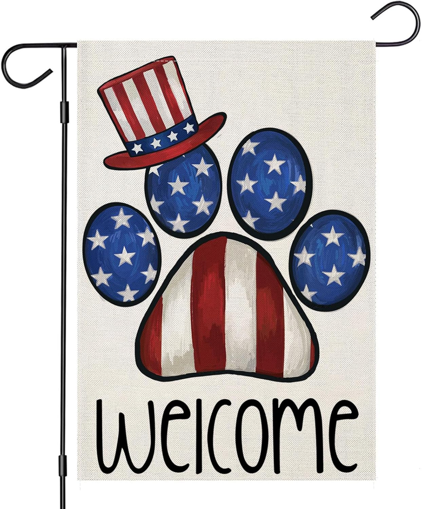 Welcome 4Th of July Garden Flags for Outside, Patriotic Dog Paw Yard Decoration,