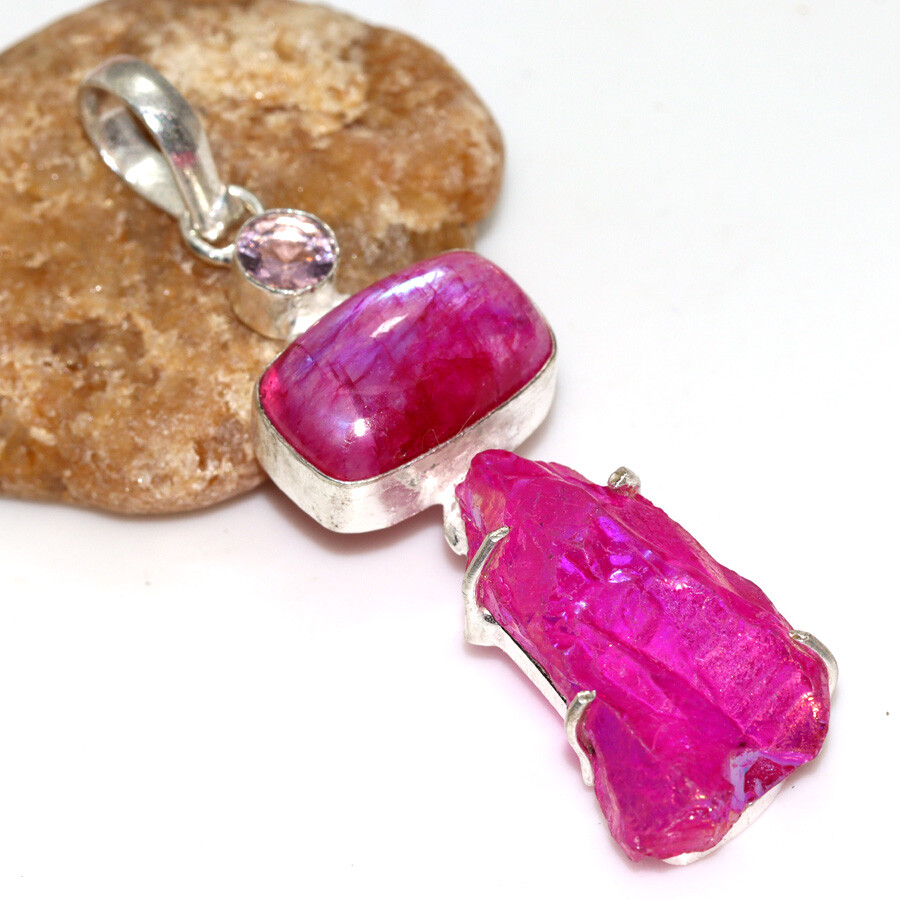 Pink Titanium Aura Quartz Rainbow Moonstone Long Pendant Size 2.7