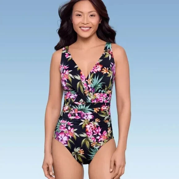 Women's UPF 50 V-Neck Ruched One Piece Swimsuit with Tummy Control by Aqua Green