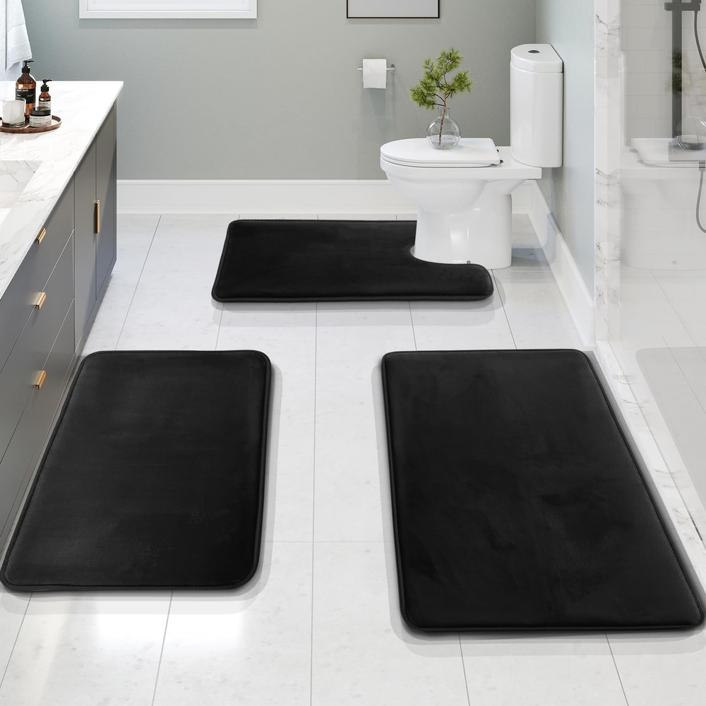 3 Piece Velvet Memory Foam Bathroom Rug Set with Non-Slip Bath Mat