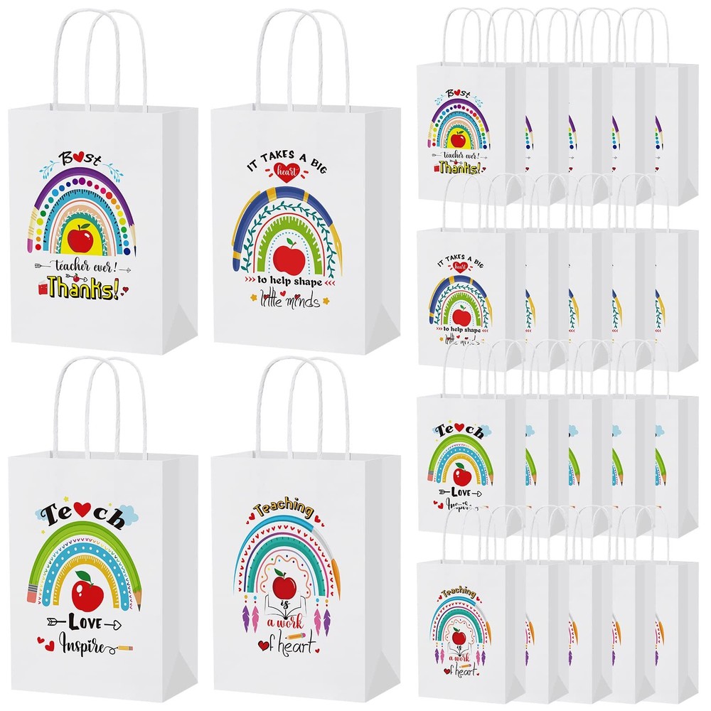 24 Pieces Rainbow Thank You Gift Bags Teacher Gift Bag with Handle Goodie Pap...