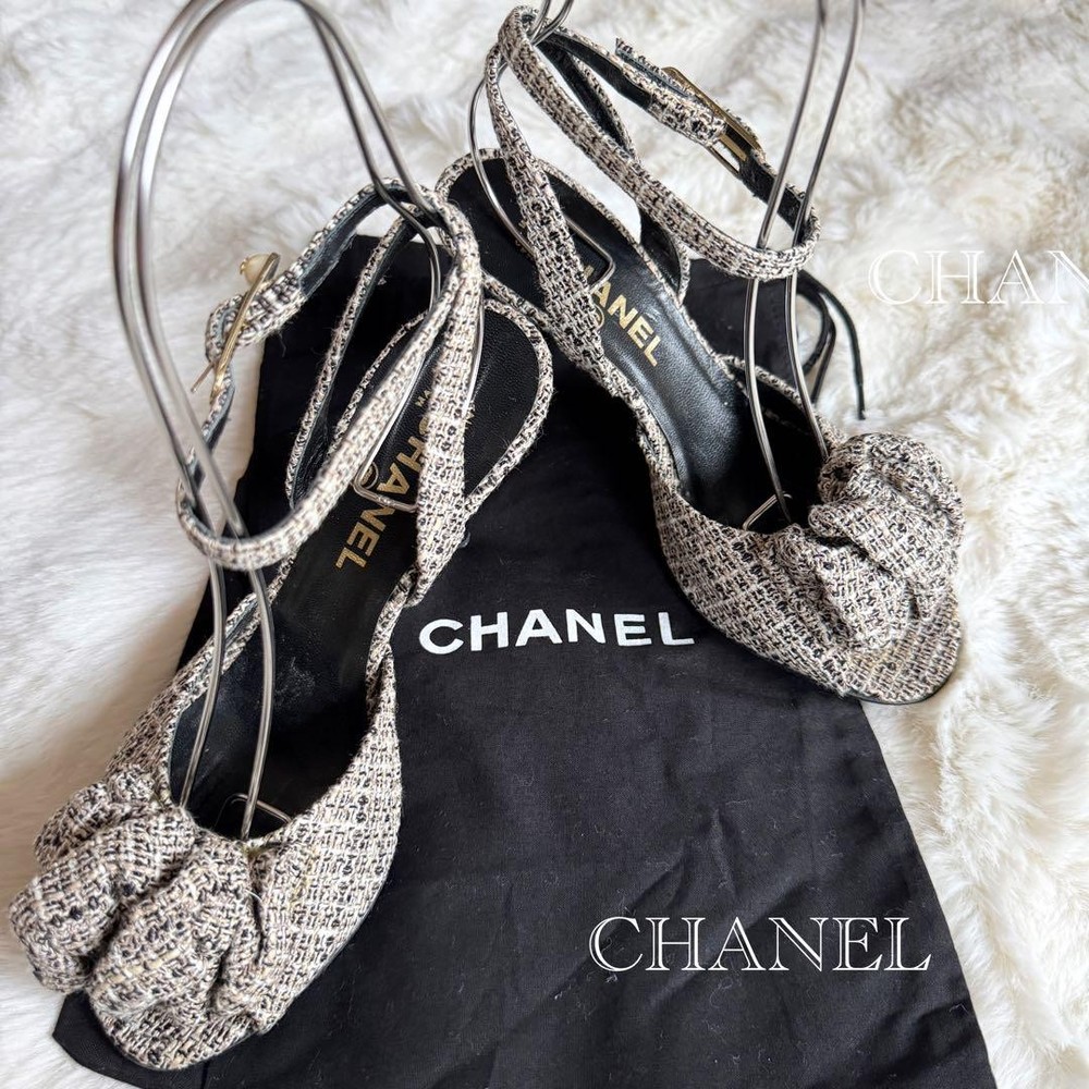 CHANEL Black Tweed Pearl Coco Mark Ribbon Sandals Size 36.5 Leather Excellent Condition Authentic