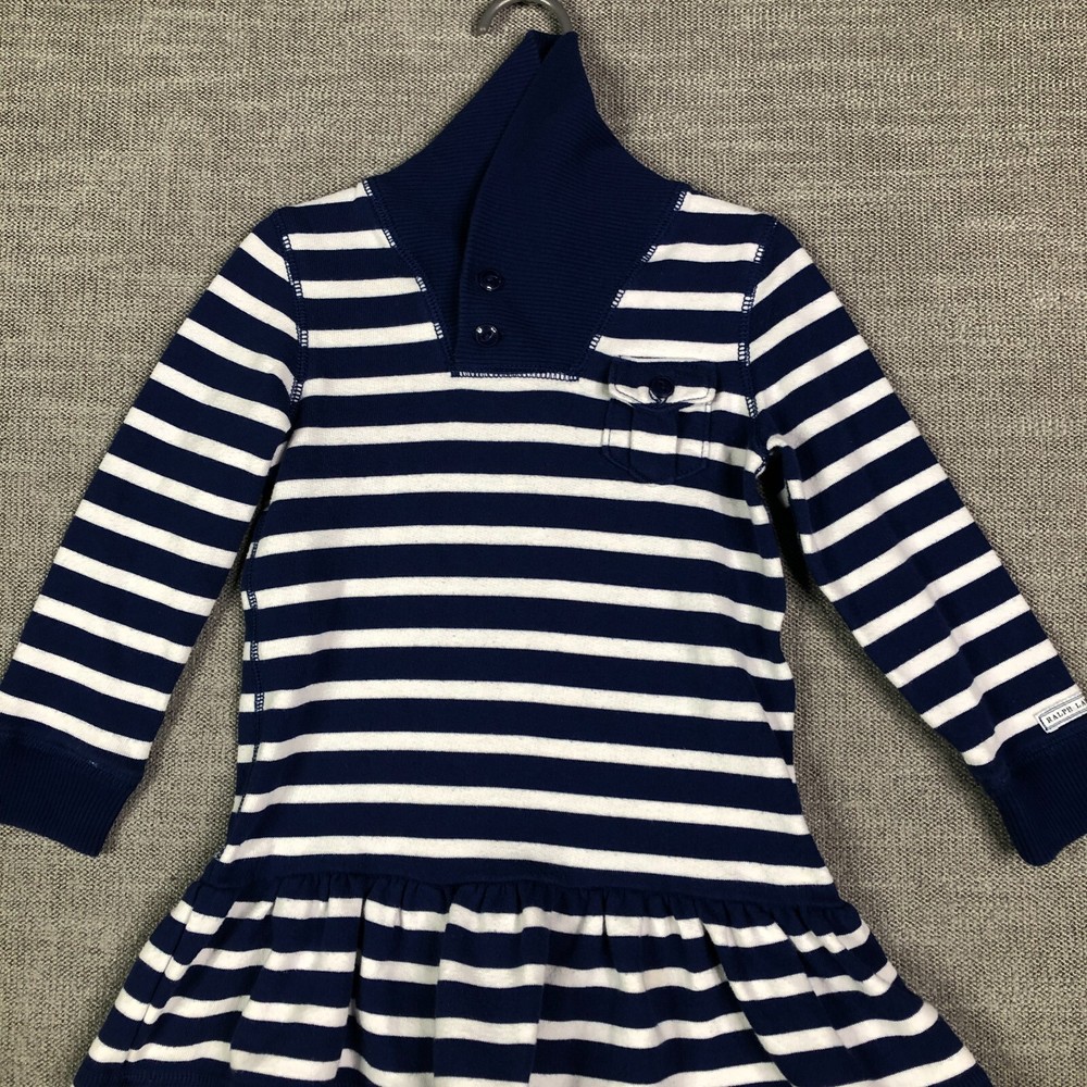 Ralph Lauren Sweater Dress Girls 4 4T Toddler Blue White Striped Shawl Collar