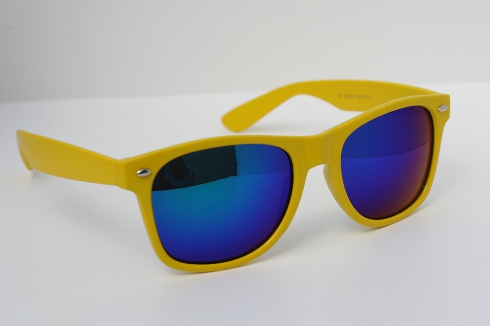 80s Retro Yellow Sunglasses with Blue Mirror Lens  