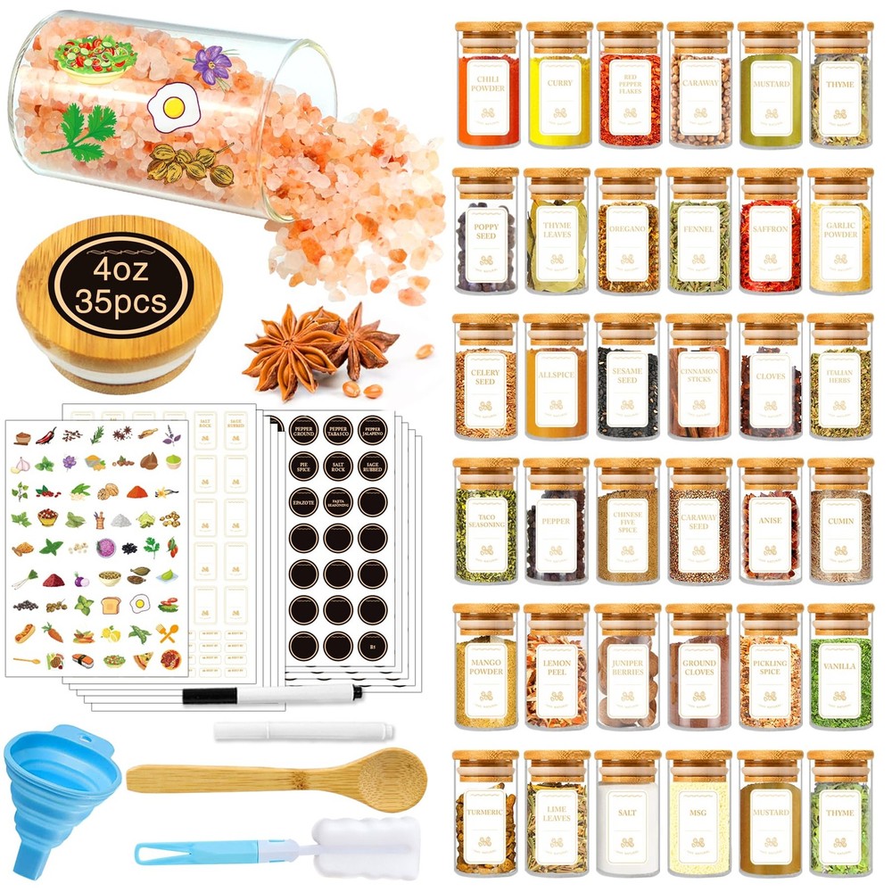 35-Piece 4 oz Glass Spice Jars with Bamboo Lids & Labels - Minimalist Pantry Storage