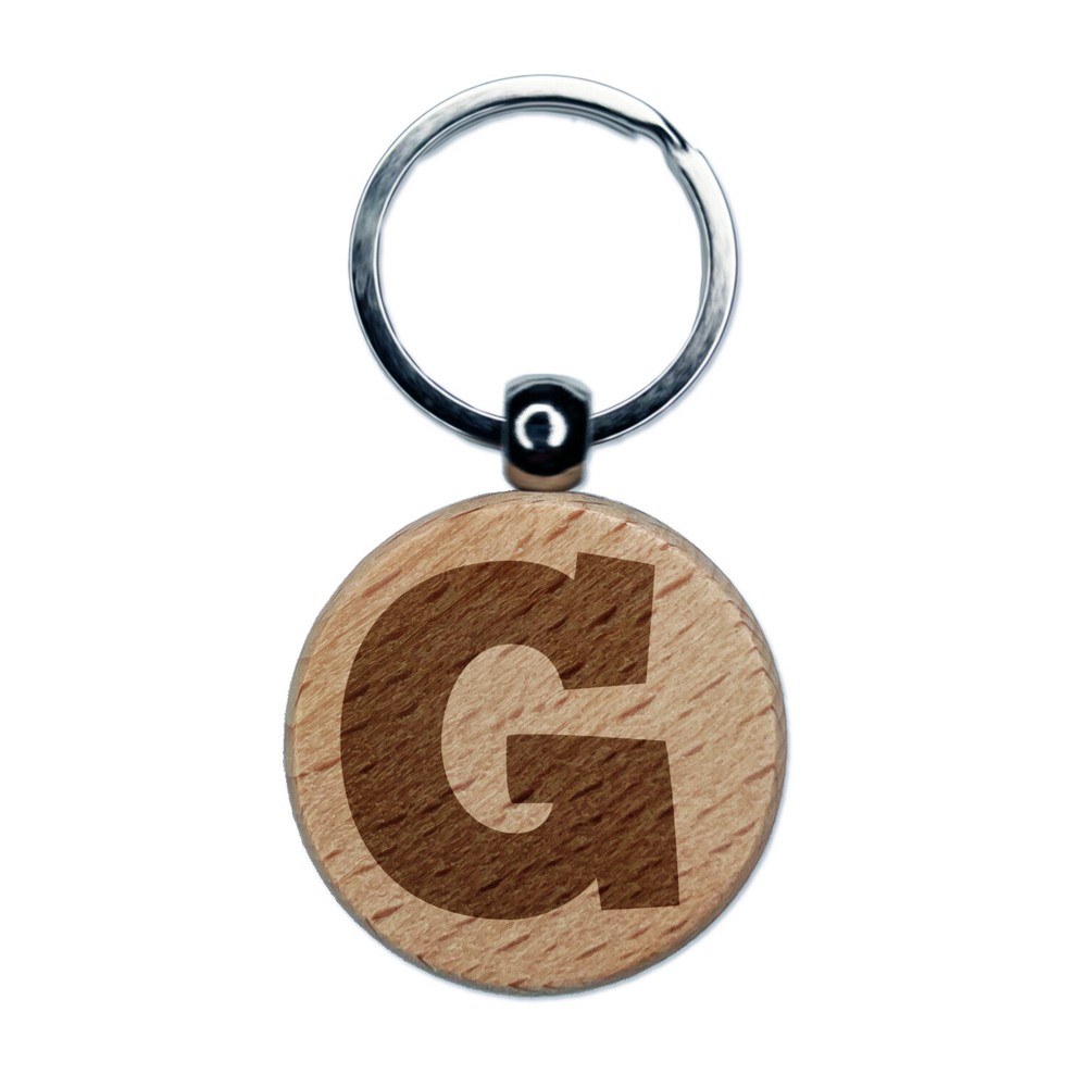 Letter G Uppercase Fun Bold Font Engraved Wood Round Keychain Tag Charm