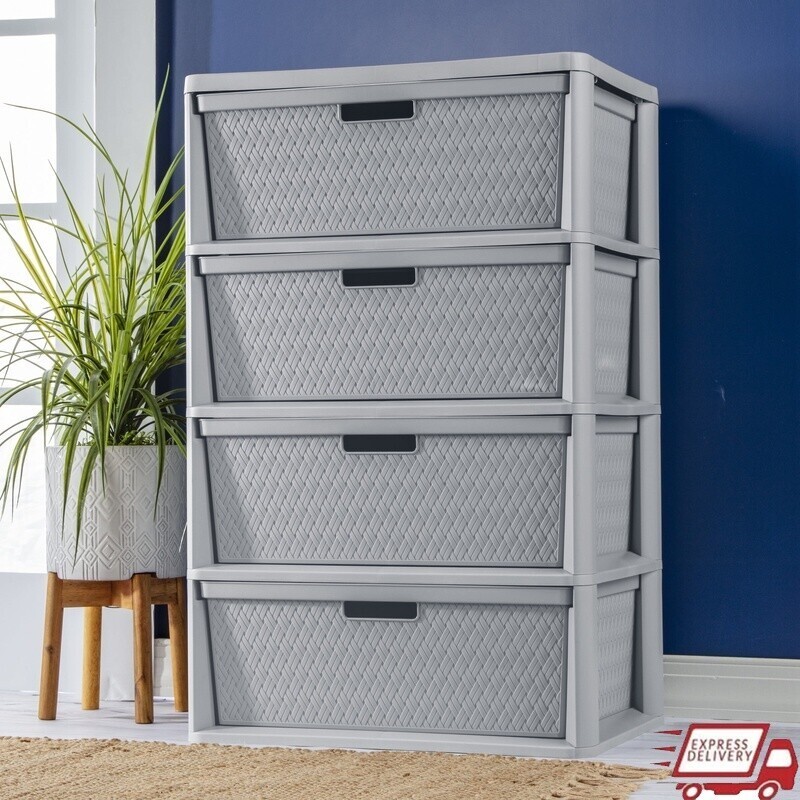 4-Drawer Cross Weave Storage Tower for Home or Office Organization