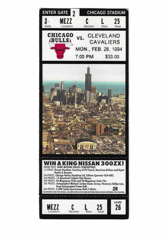 Chicago Bulls vs Cleveland Cavaliers Unused Basketball Tickets From 2/28/1994