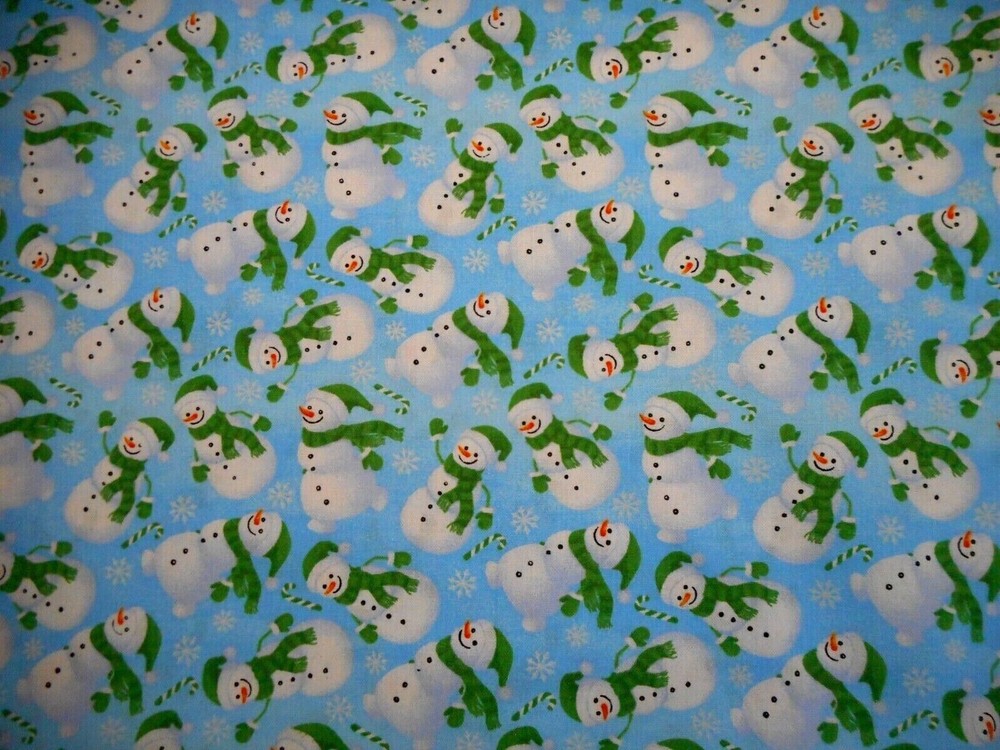 Christmas Quilt Fabric By Yard Snowmen in Green Hats Candy Canes Blue Cotton #59
