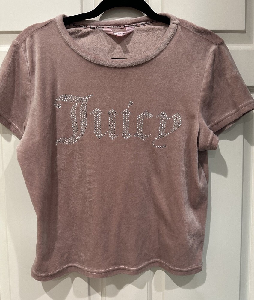 Y2K Juicy Couture Cropped Rhinestone Velour Top Women's Large Pink Silver