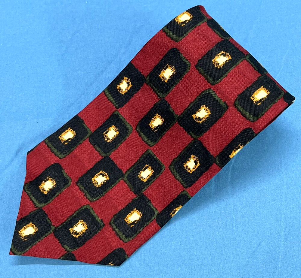 JZ RICHARDS Handmade 100% Silk Maroon Black Rectangle Print Mens Necktie