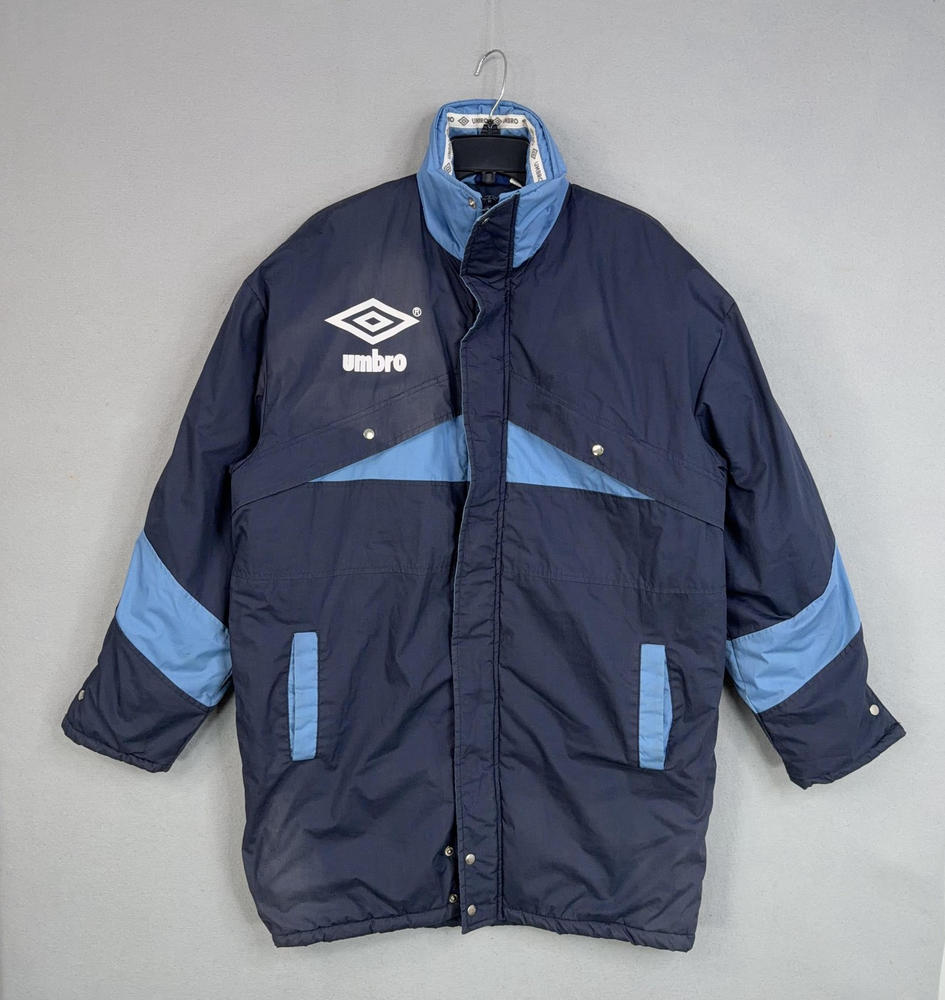Vintage Umbro Jacket Mens Medium Blue Soccer Puffer Trench Bench Parka Coat 90s