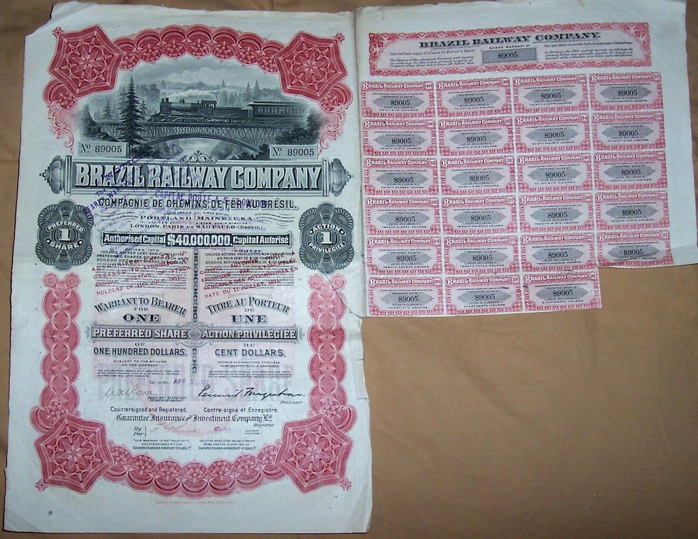 1912 Brazil Railway $100 Bond Uncanceled Share Deco Coupon Waterlow Stock Certificate-image