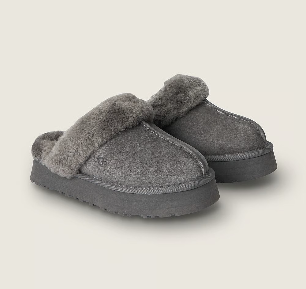 New 100% Authentic UGG Soft Disquette Platform Slippers Women's Shoes Grey