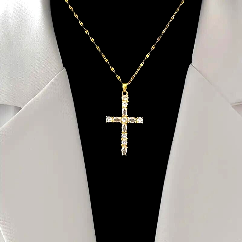 Luxury Shiny Rhinestone Cross Pendant Necklace 18K Gold Plated Blessing Unisex