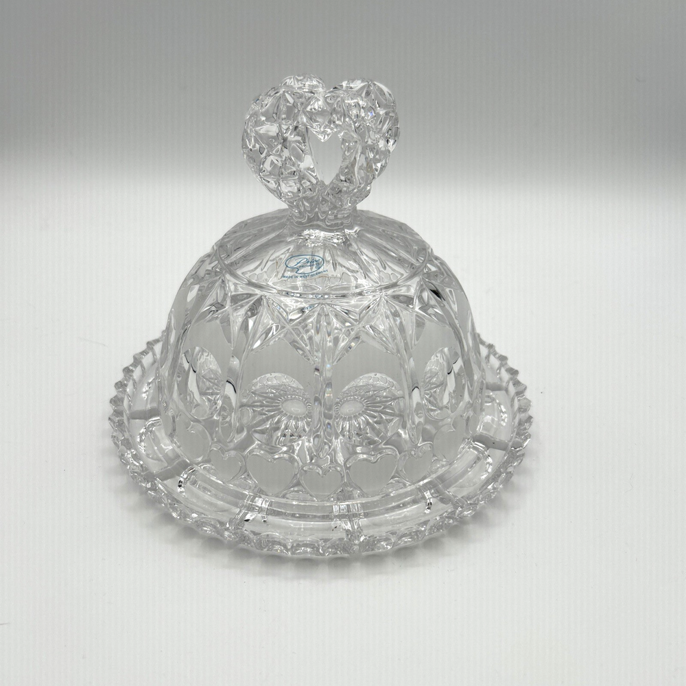Vintage Mid-Century Modern Lead Crystal Butter Cheese Dish with German Wedding Heart