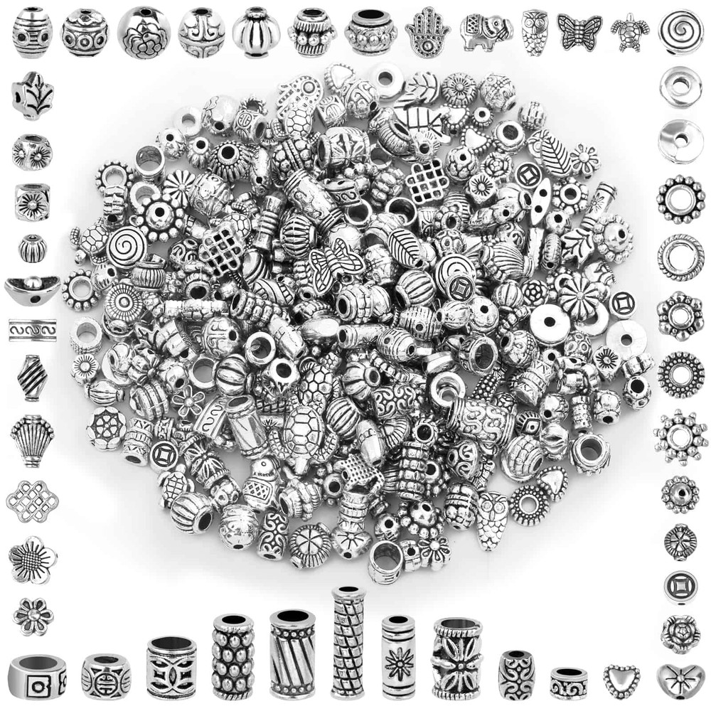350 Pcs Silver Spacer Beads for Jewelry Making, Mixed Bulk Random Styles Metal
