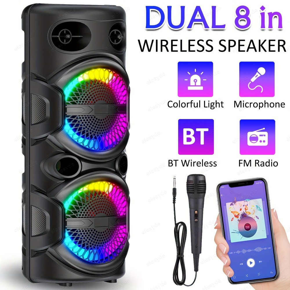 8in Dual Woofer Bluetooth Party Speaker with FM and Heavy Bass  