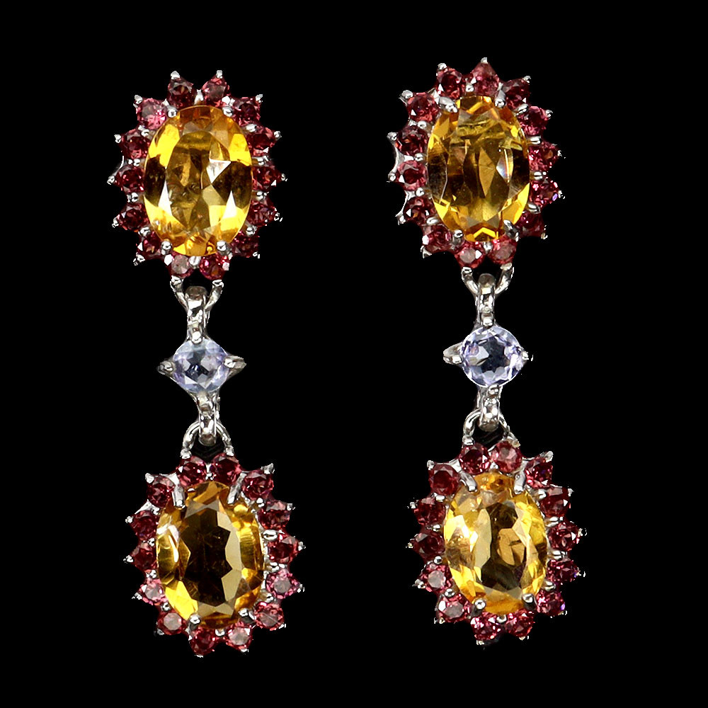925 Sterling Silver Oval Citrine Rhodolite Tanzanite Gemstone Earrings