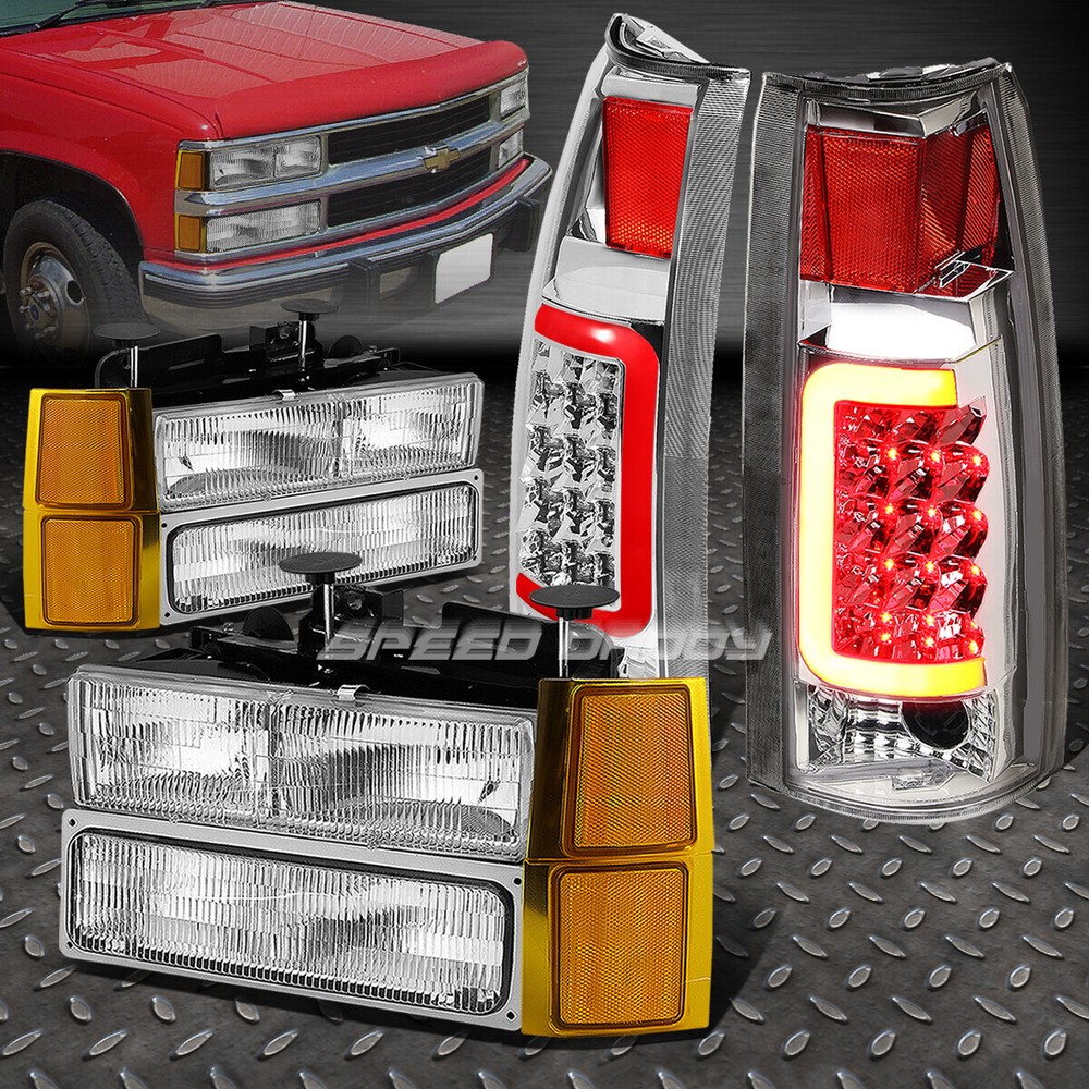 CHROME HOUSING HEADLIGHT+AMBER CORNER+CLEAR LED BAR TAIL LIGHT FOR 94-98 C10 C/K